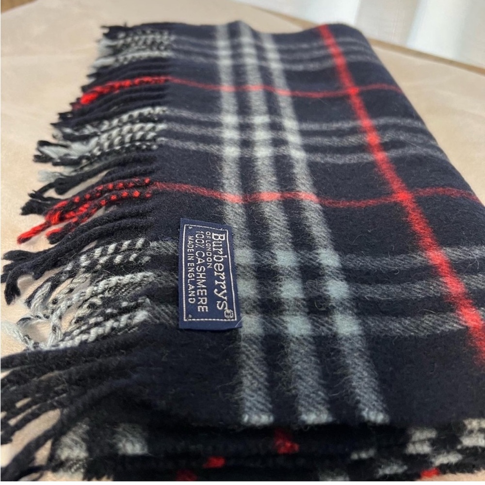Vintage Burberry Navy and Red Plaid Cashmere Scarf